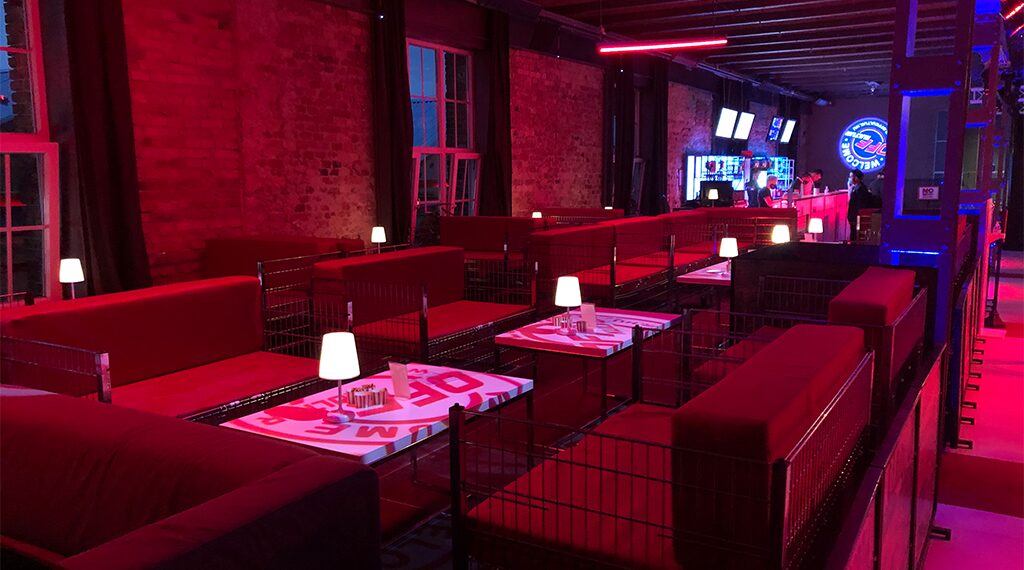 Red lounge seating at OFF Kultur