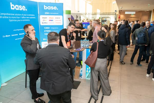 Busy partner expo floor and networking area