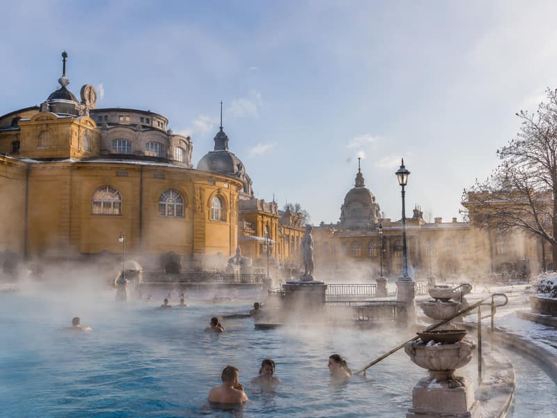 Steam rising from Széchenyi thermal baths in winter